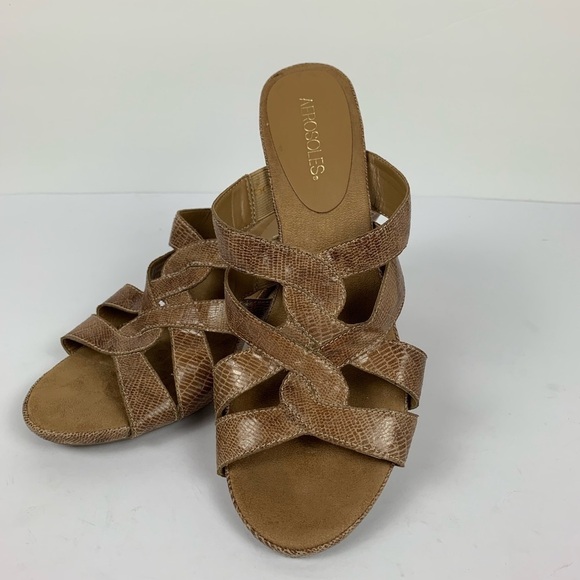 New Aerosole Carmel Snakeskin Heeled Sandals 3.5” Wood Heel Comfortable Size 10 - Picture 4 of 9